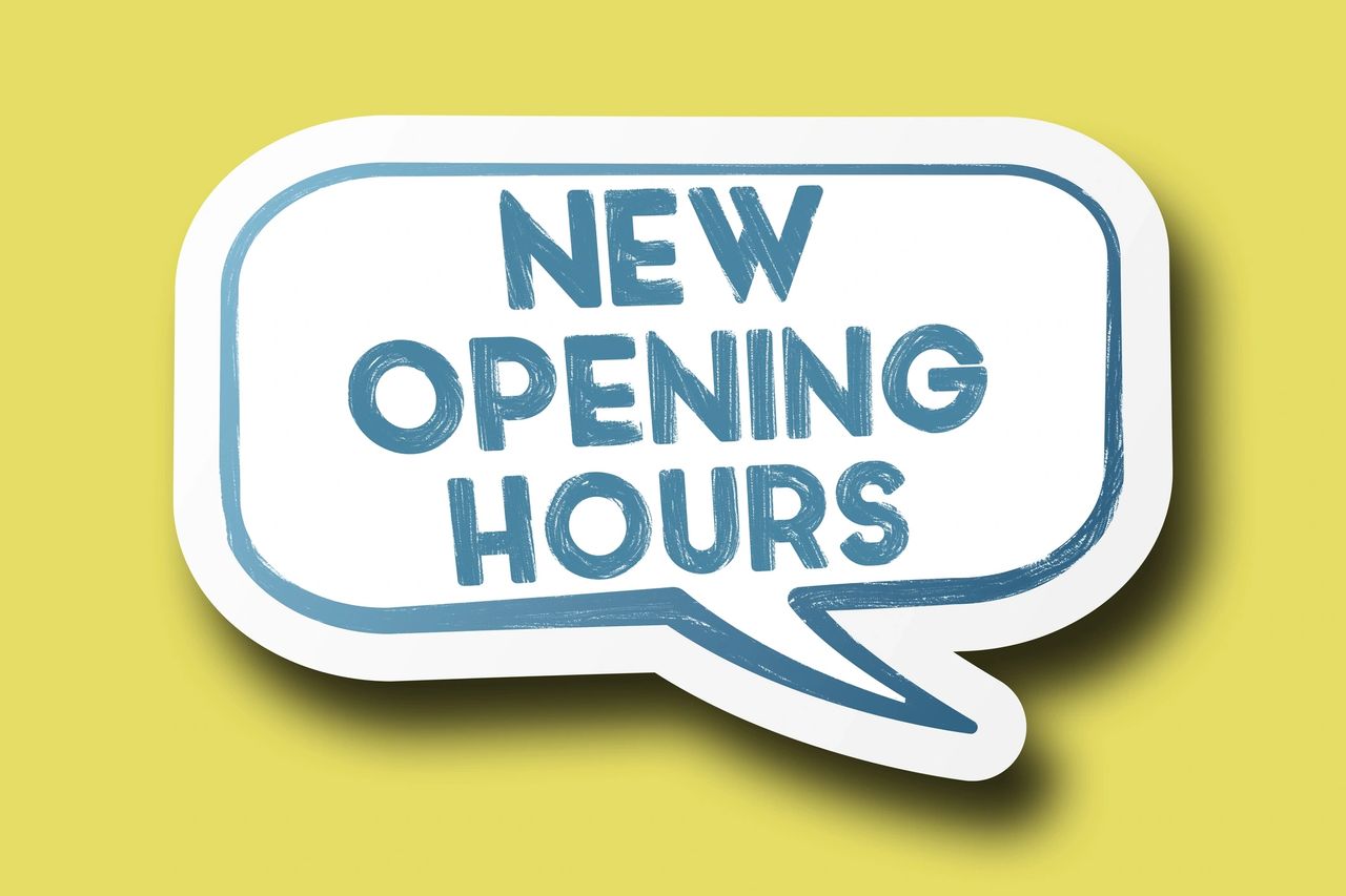 Text NEW OPENING HOURS on speech bubble against bright yellow background